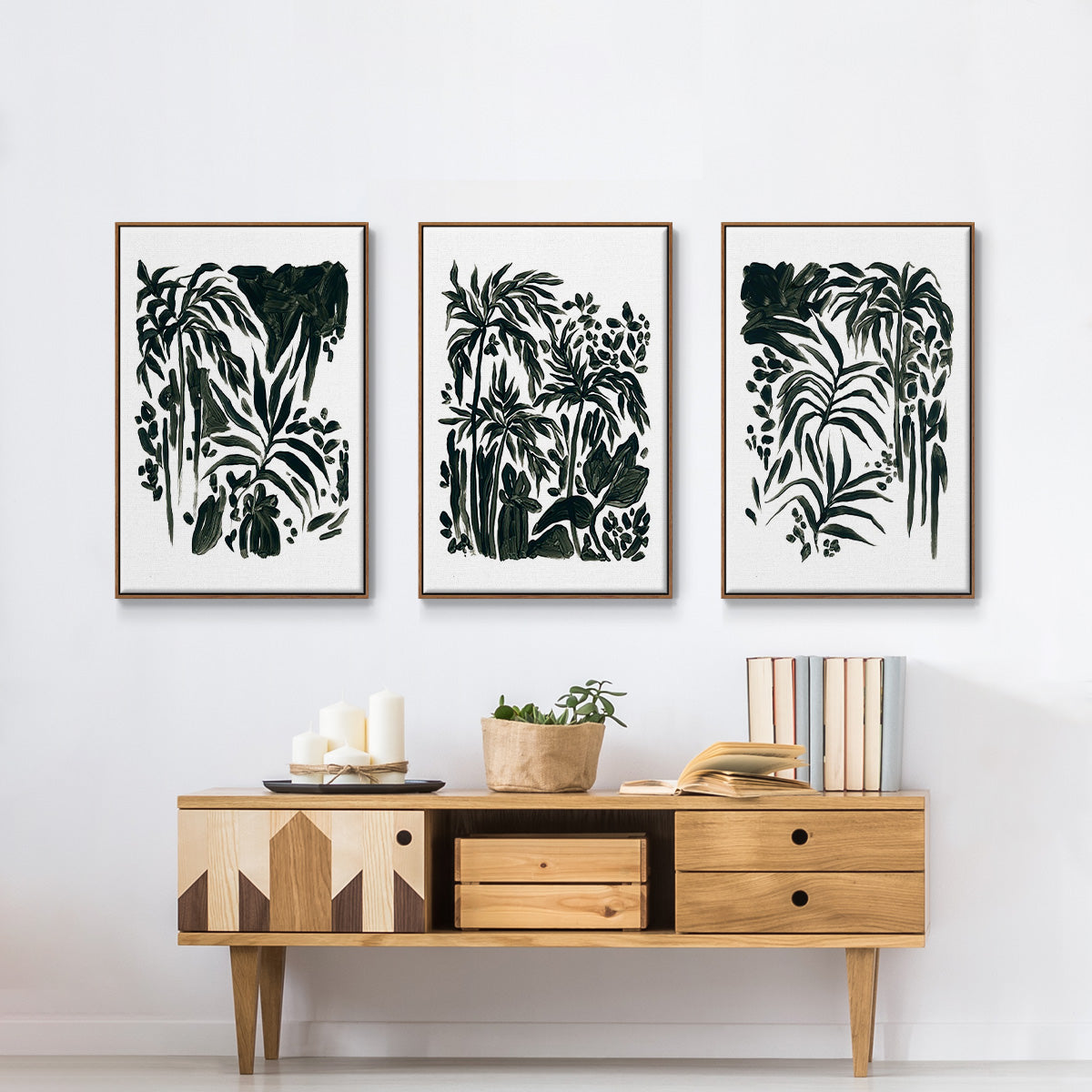 Ink Jungle I - Framed Premium Gallery Wrapped Canvas L Frame 3 Piece Set - Ready to Hang