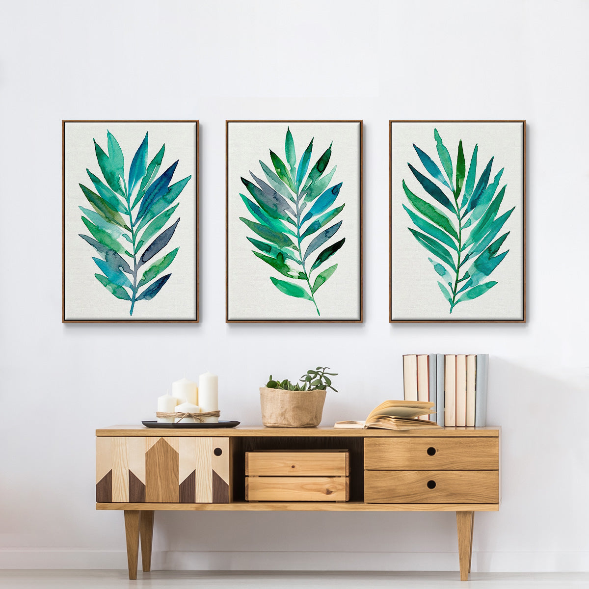 Palm Frond Flow I - Framed Premium Gallery Wrapped Canvas L Frame 3 Piece Set - Ready to Hang