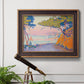 Pointillist coastal seascape by Paul Signac in an ornate bronzed mahogany wood frame displayed in a light-toned interior setting.