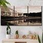 Three-panel canvas wall art featuring monochrome historic pavilion photograph, displayed in a boho-chic entryway above a console table.