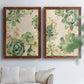 Set of two maple barnwood framed canvas prints depicting green rosettes, peach blossoms, and mosaic-like outlines arranged across two complementary compositions above a sofa in a bright living space.