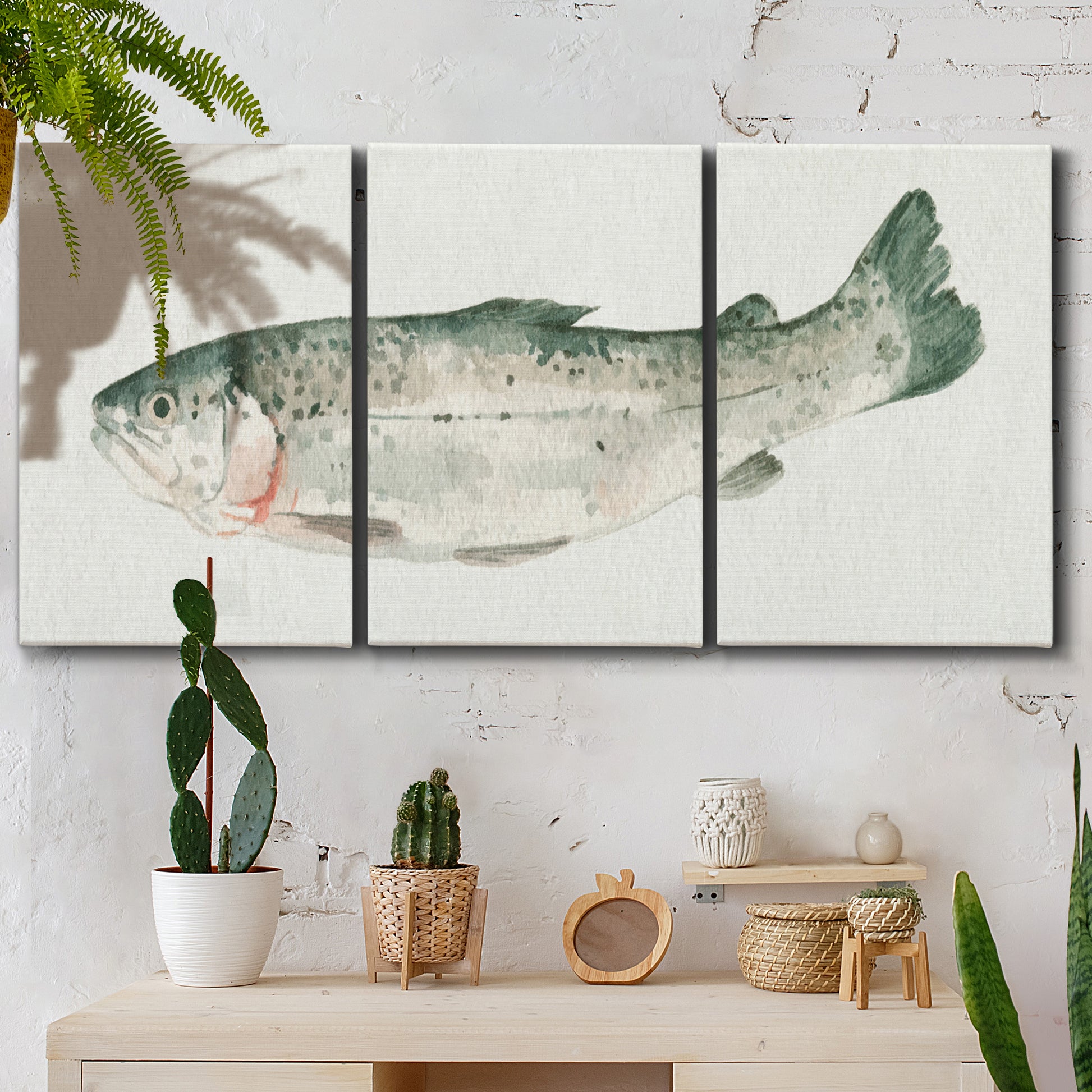 Three-panel canvas wall art featuring watercolor animal portrait, displayed in a boho-chic entryway above a console table.