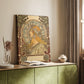 Canvas art print of a stylized female figure framed by astrological motifs styled in a home decor setting.