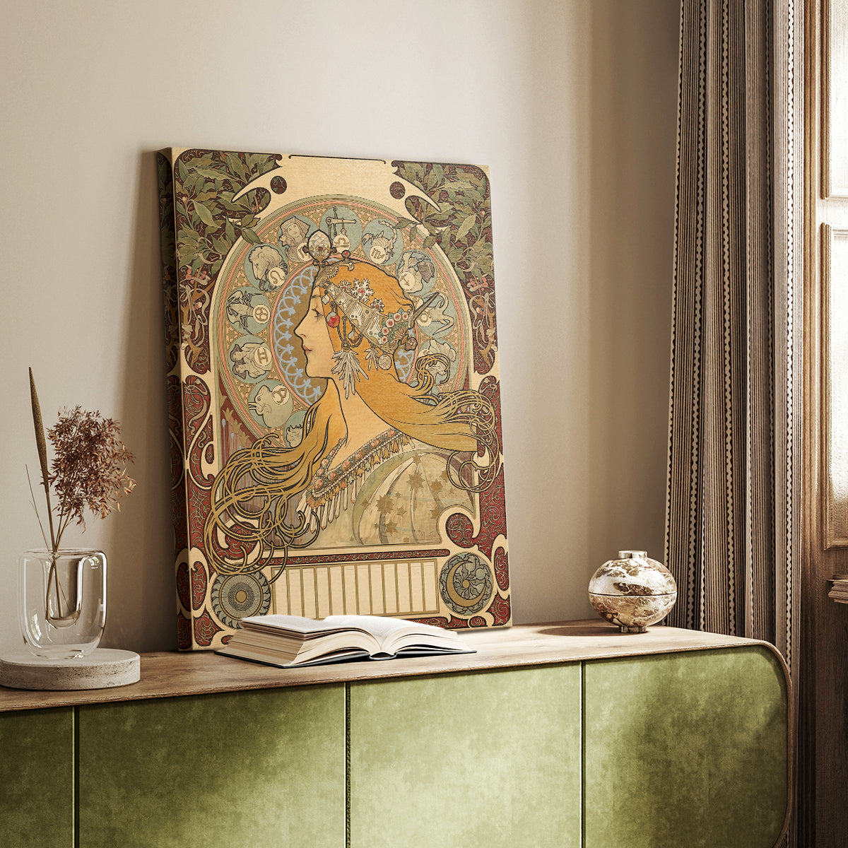 Canvas art print of a stylized female figure framed by astrological motifs styled in a home decor setting.