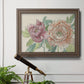 Modern peony floral drawing in an ornate traditional bronze frame displayed in a light-toned interior setting.