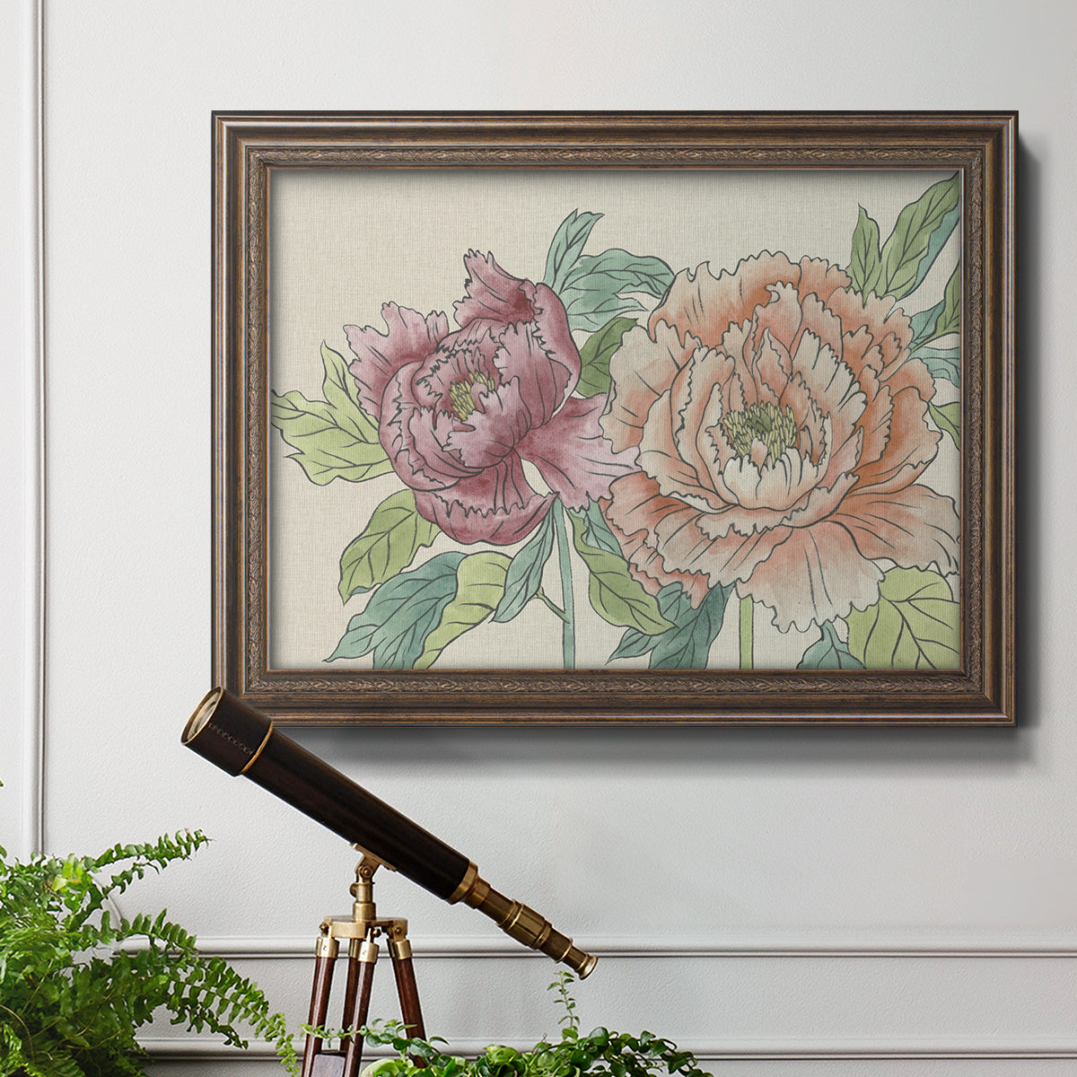 Modern peony floral drawing in an ornate traditional bronze frame displayed in a light-toned interior setting.