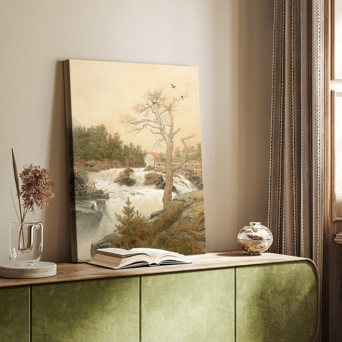 Canvas art print of a flowing water scene with natural textures and soft light styled in a home decor setting.