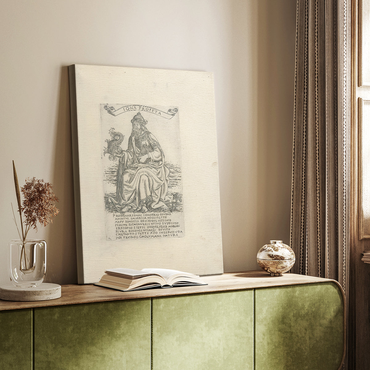 Canvas art print of a classical figure with etched lines and simple composition styled in a home decor setting.