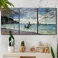 Three-panel canvas wall art featuring figures walking along sandy shoreline, displayed in a boho-chic entryway above a console table.