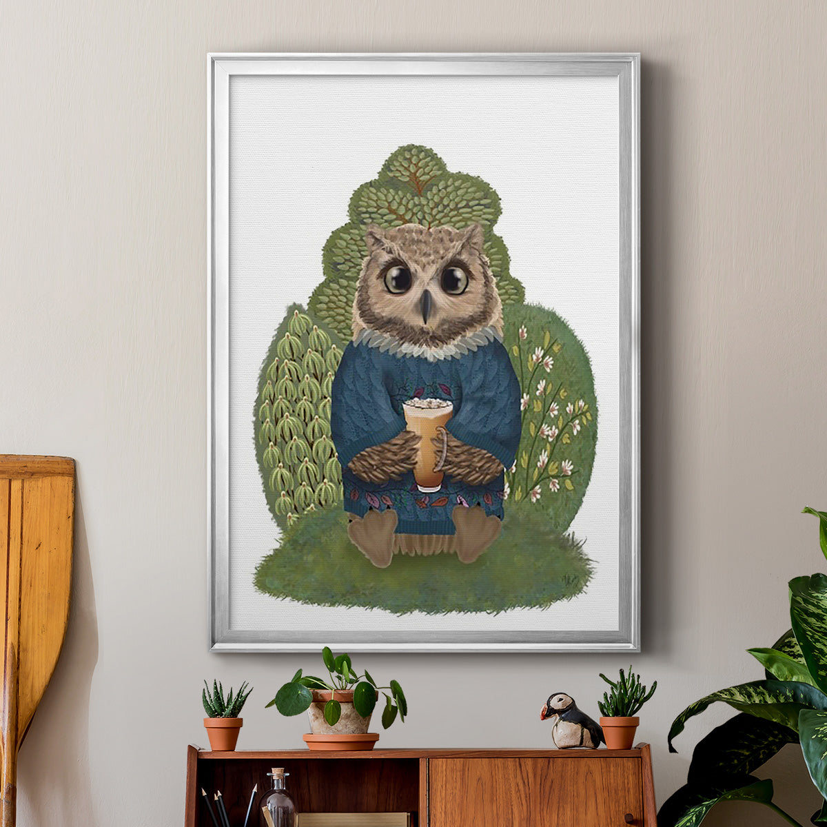 Latte Owl in Sweater - Modern Framed Canvas Print