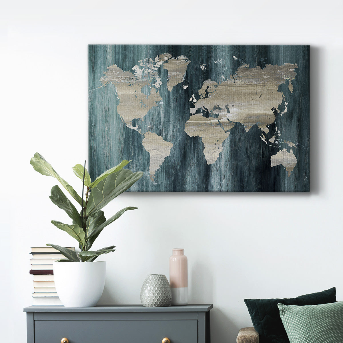 Navy World Map - Canvas Art Print