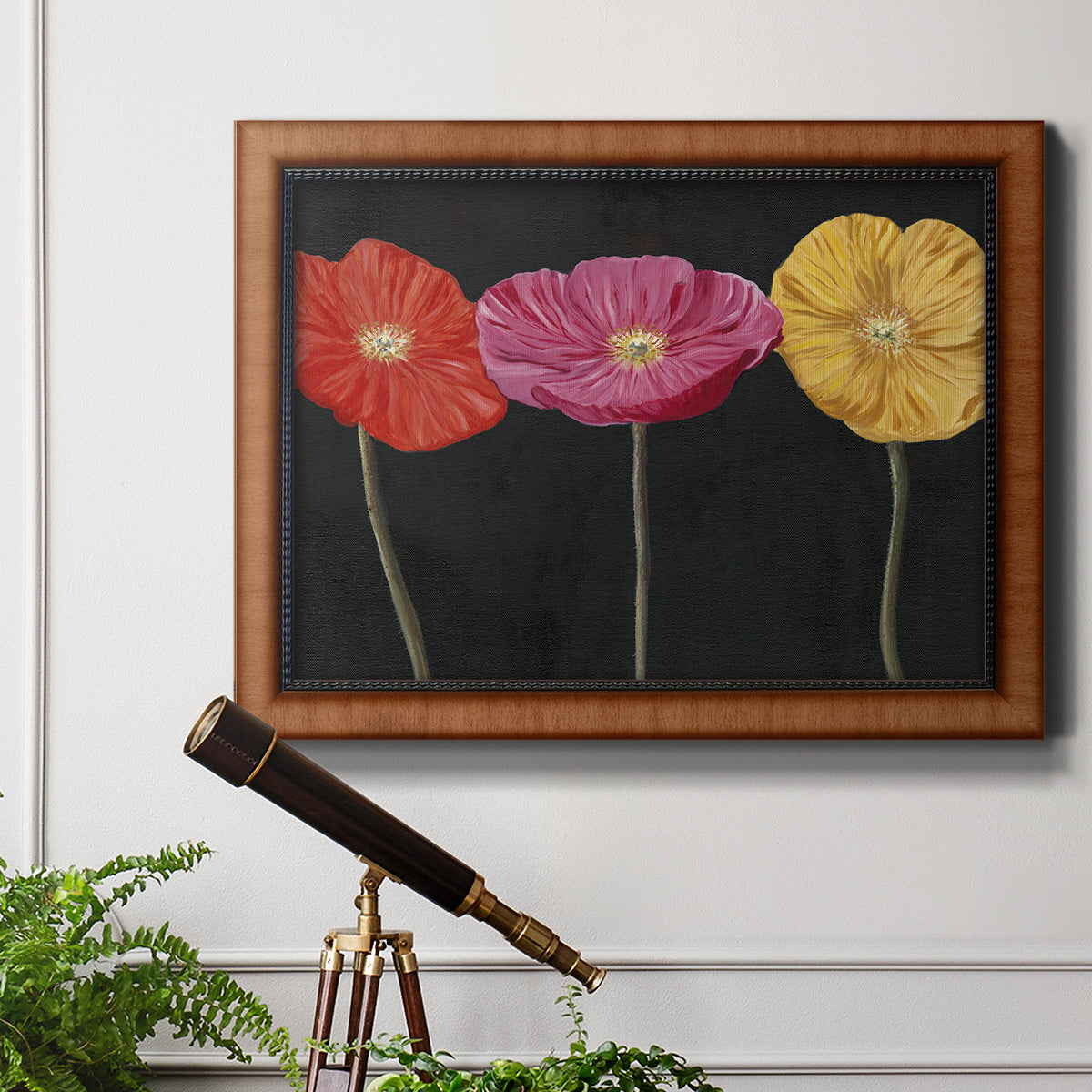 Contemporary poppy flower artwork in an ornate vintage burl wood frame displayed in a light-toned interior setting.