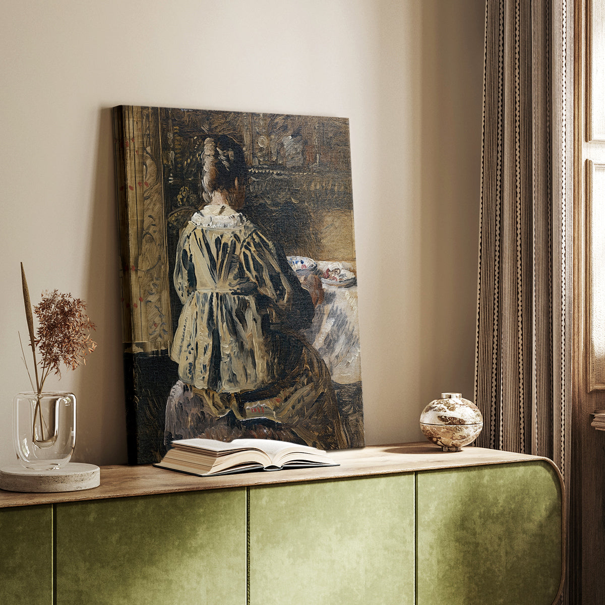 Canvas art print of a domestic setting with people sharing a quiet moment styled in a home decor setting.