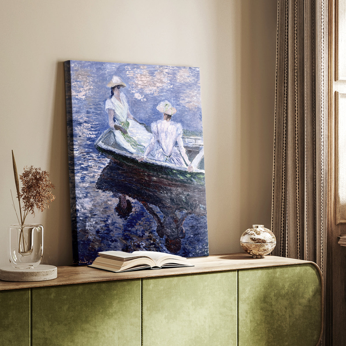Canvas art print of a peaceful boating scene with figures and soft reflections styled in a home decor setting.