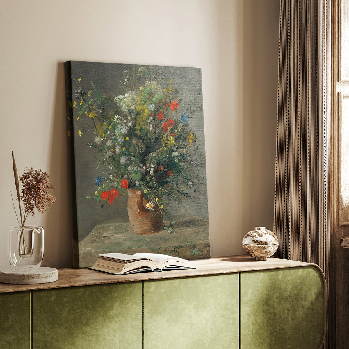 Canvas art print of a floral arrangement with loose brushwork and gentle tones styled in a home decor setting.