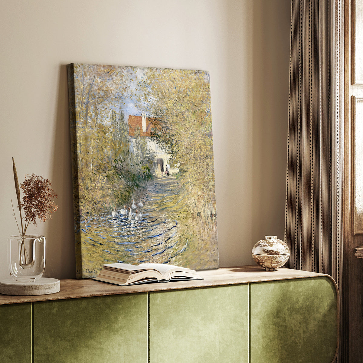 Canvas art print of a pastoral scene with birds in a natural setting styled in a home decor setting.