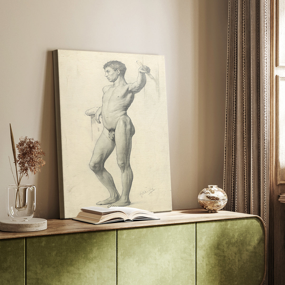 Canvas art print of a minimal sketch of a figure with balanced stance styled in a home decor setting.