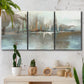 Three-panel canvas wall art featuring glowing abstract city lights, displayed in a boho-chic entryway above a console table.