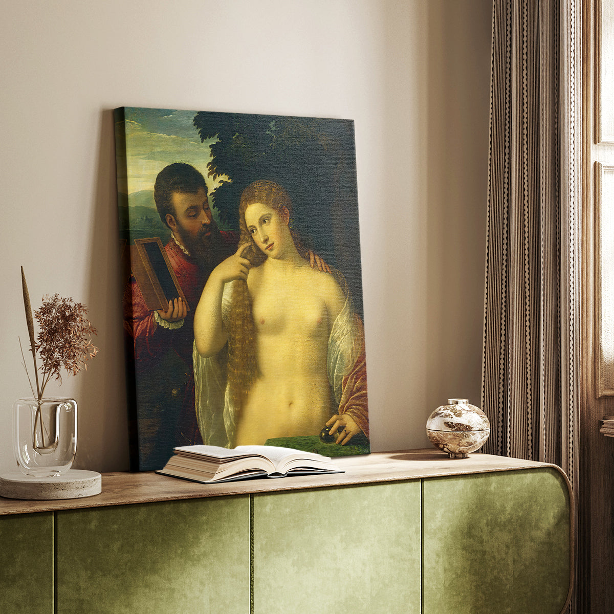 Canvas art print of a classical composition with figures and gentle movement styled in a home decor setting.