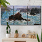 Three-panel canvas wall art featuring storm waves battering rocky coast, displayed in a boho-chic entryway above a console table.