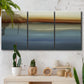 Three-panel canvas wall art featuring horizontal abstract coastal color bands, displayed in a boho-chic entryway above a console table.