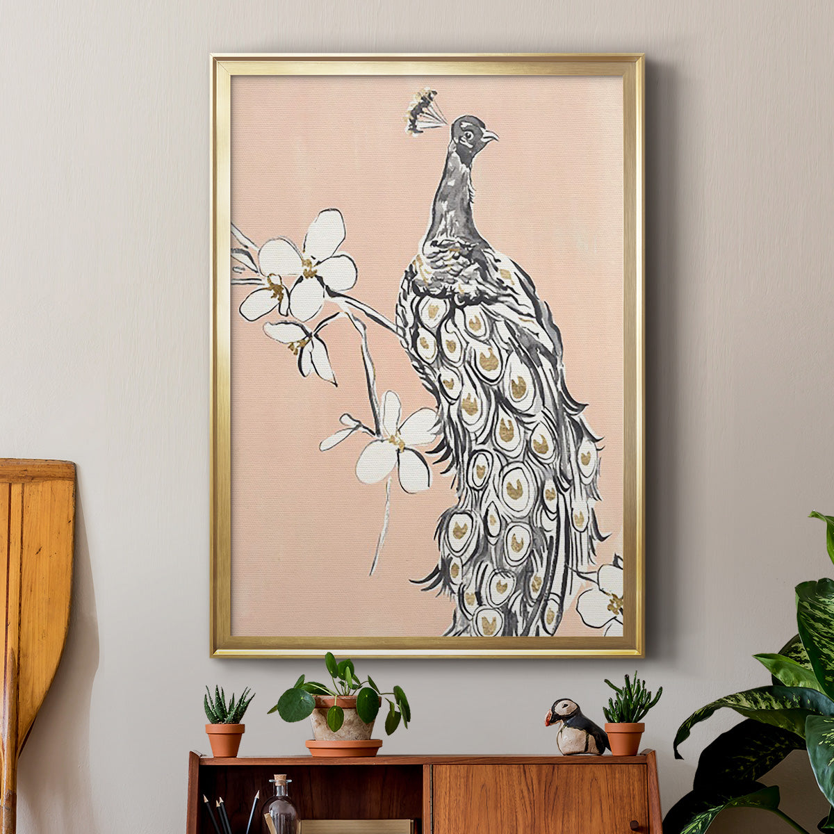 Peacock in Gold I - Modern Framed Canvas Print