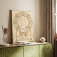 Canvas art print of a stylized spiritual portrait with intricate patterns and soft tones styled in a home decor setting.