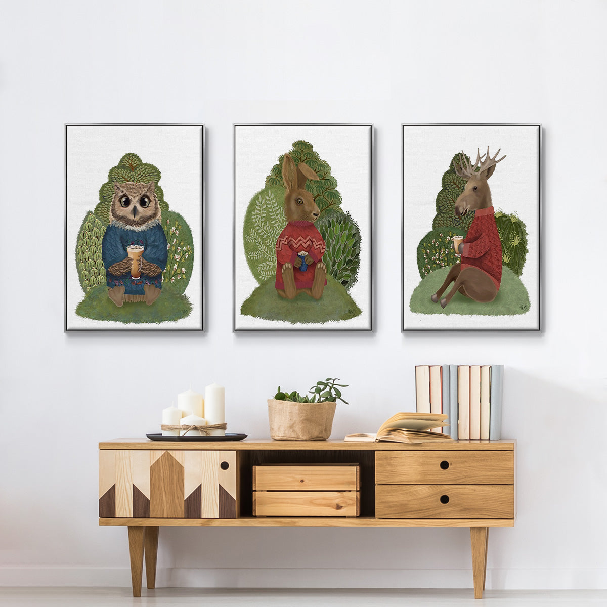 Latte Moose in Sweater - Framed Premium Gallery Wrapped Canvas L Frame 3 Piece Set - Ready to Hang