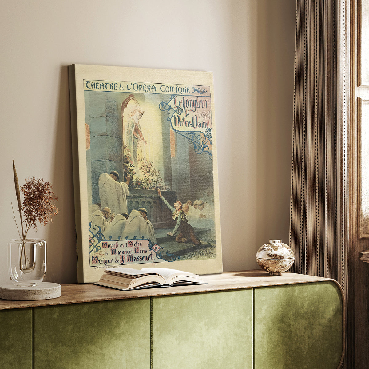 Canvas art print of a vintage design with soft tones and detailed illustration styled in a home decor setting.