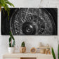 Three-panel canvas wall art featuring vintage car grille detail, displayed in a boho-chic entryway above a console table.