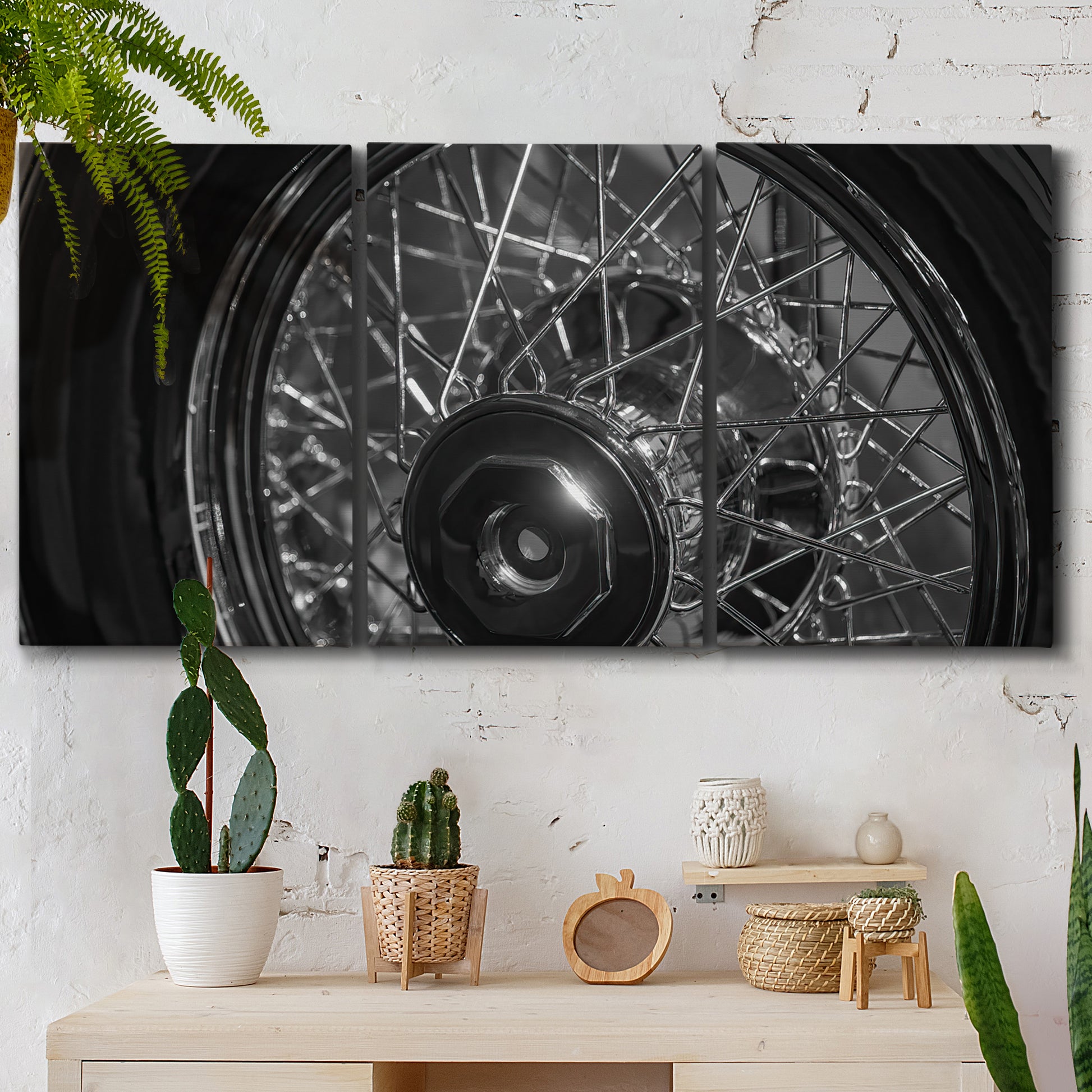Three-panel canvas wall art featuring vintage car grille detail, displayed in a boho-chic entryway above a console table.