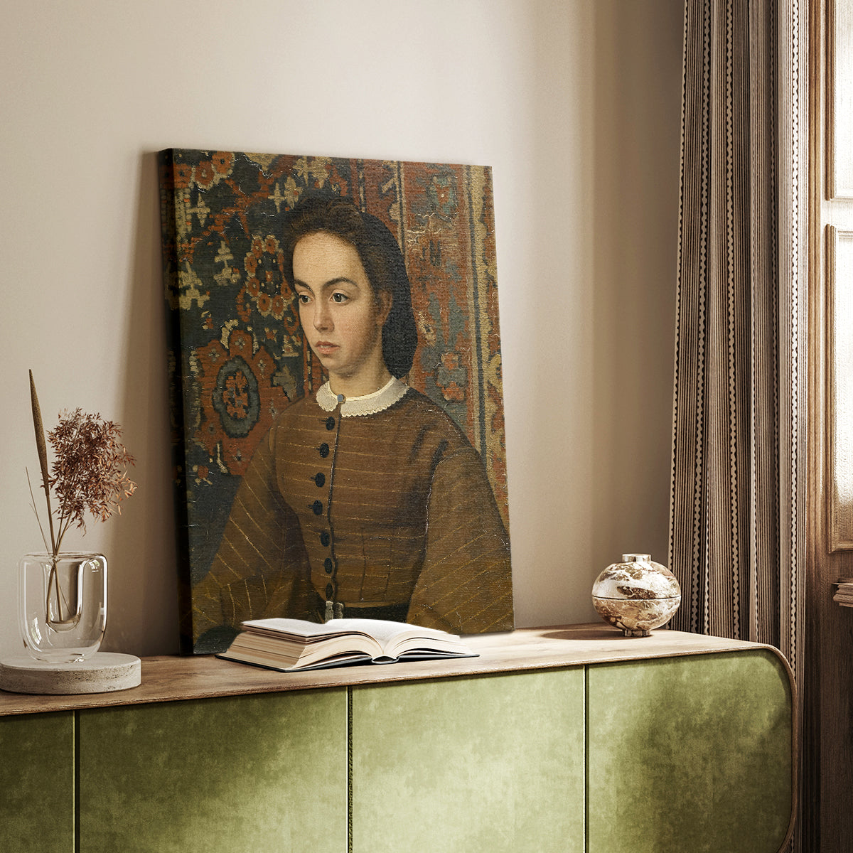 Canvas art print of a refined female figure with subtle detail and calm mood styled in a home decor setting.