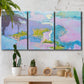 Three-panel canvas wall art featuring abstract view through window forms, displayed in a boho-chic entryway above a console table.