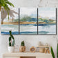 Three-panel canvas wall art featuring flowing blue abstract watercolor, displayed in a boho-chic entryway above a console table.
