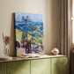 Canvas art print of a stylized wildlife scene with a rhino in a colorful natural setting styled in a home decor setting.