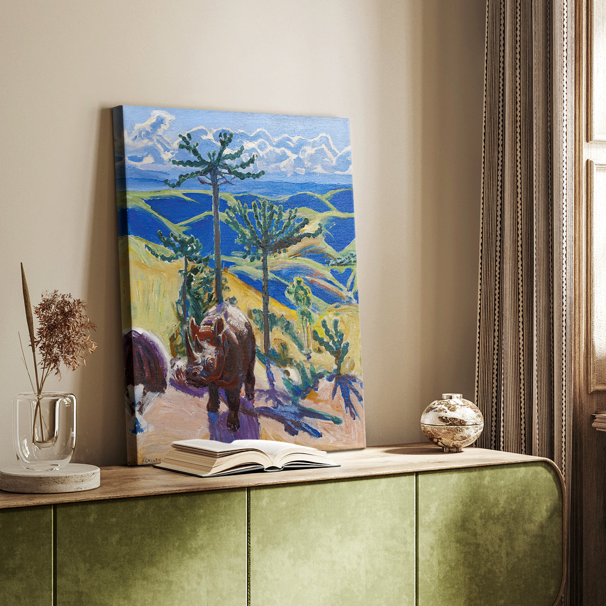 Canvas art print of a stylized wildlife scene with a rhino in a colorful natural setting styled in a home decor setting.
