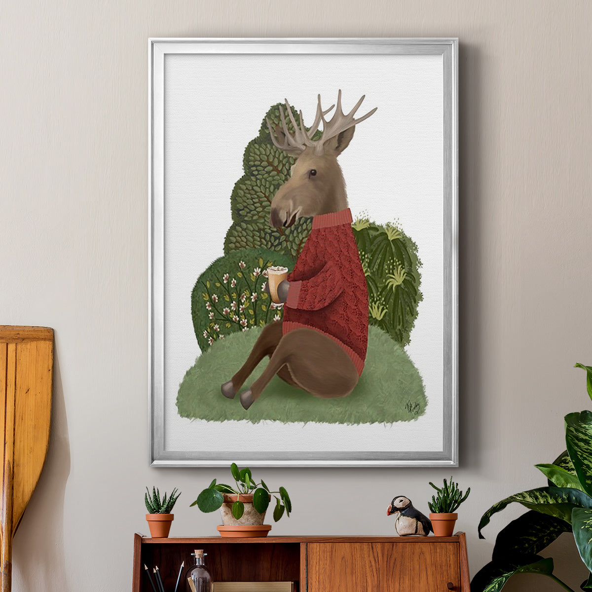 Latte Moose in Sweater - Modern Framed Canvas Print
