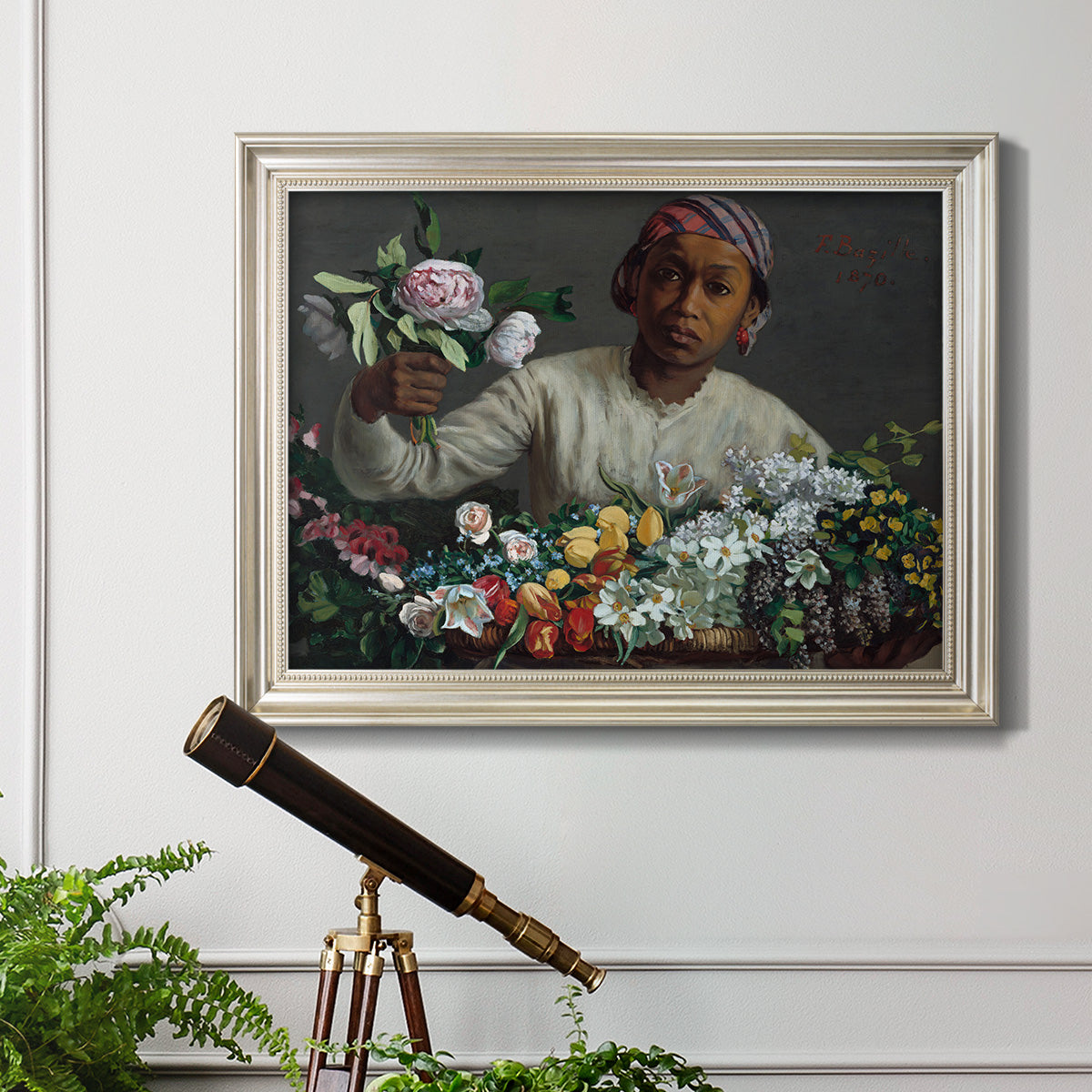 Traditional portrait of a woman holding peonies by Frédéric Bazille in an ornate champagne frame displayed in a light-toned interior setting.