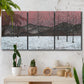 Three-panel canvas wall art featuring winter sunset snowfall landscape, displayed in a boho-chic entryway above a console table.