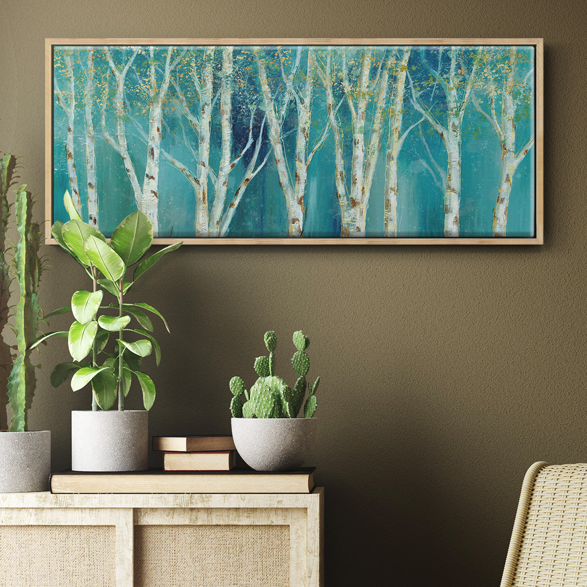 Birch on Blue - Floater Framed Canvas Print