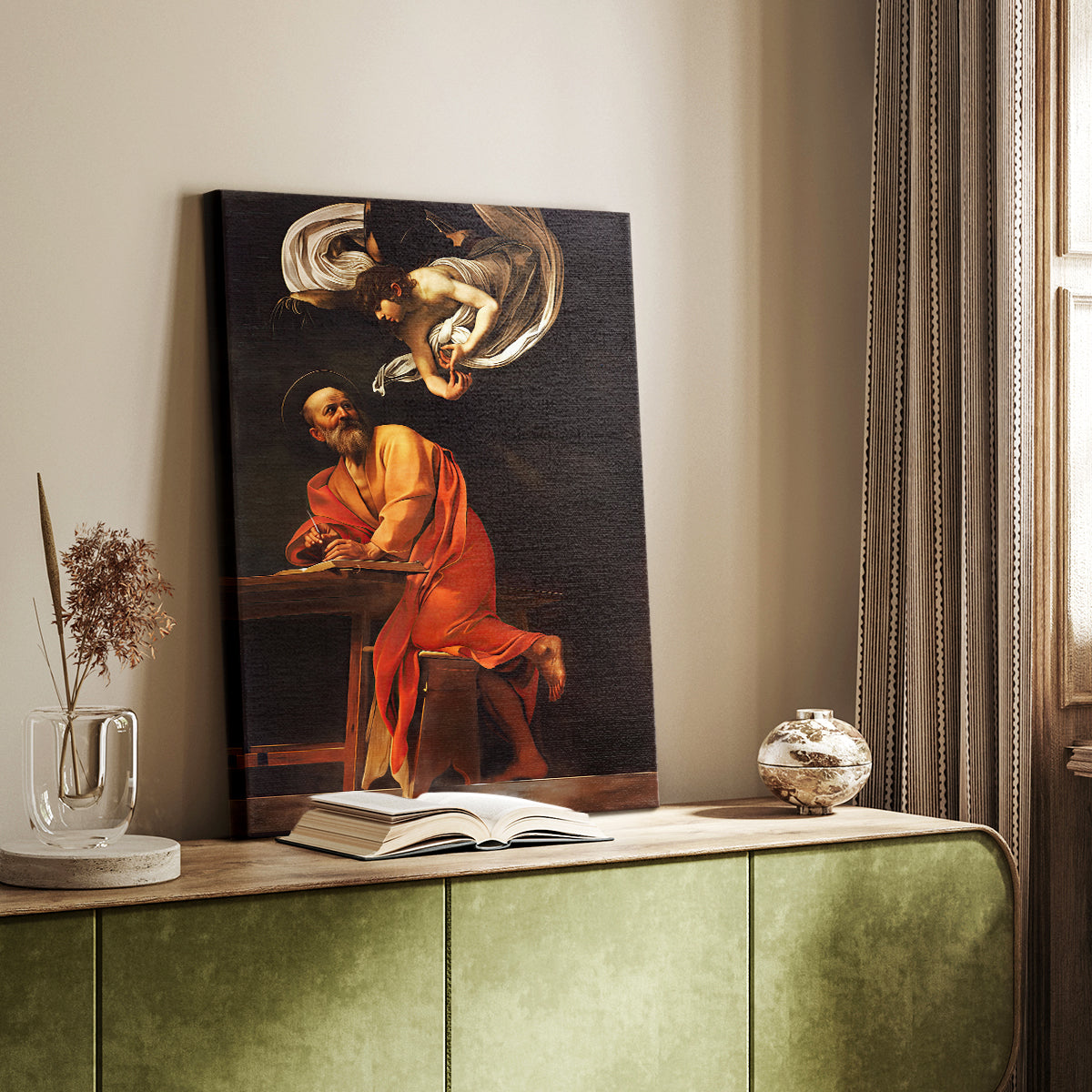 Canvas art print of a dramatic composition with contrasting light and expressive figures styled in a home decor setting.