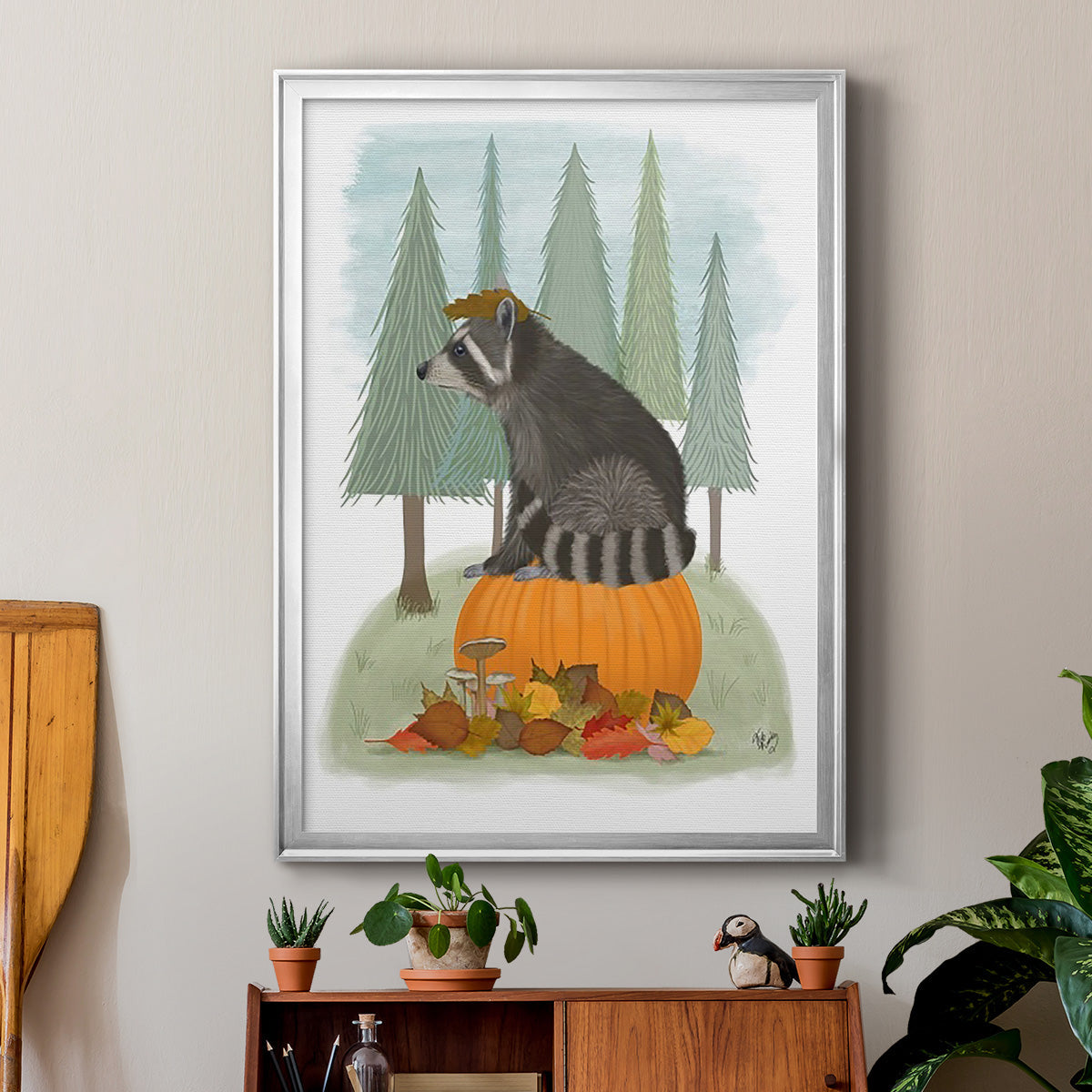 Raccoon On Pumpkin - Modern Framed Canvas Print