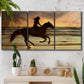 Three-panel canvas wall art featuring running horse along beach photograph, displayed in a boho-chic entryway above a console table.