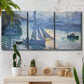 Three-panel canvas wall art featuring sailboats racing on river, displayed in a boho-chic entryway above a console table.