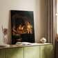 Canvas art print of a dark interior with warm light and clustered figures styled in a home decor setting.