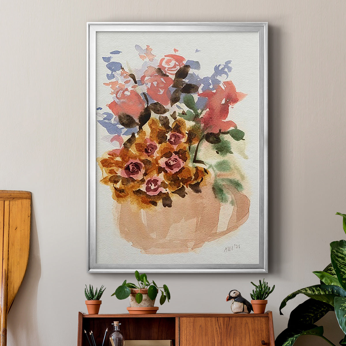 Mauve Bouquet in Teapot II - Modern Framed Canvas Print