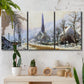Three-panel canvas wall art featuring snow covered road leading to village, displayed in a boho-chic entryway above a console table.