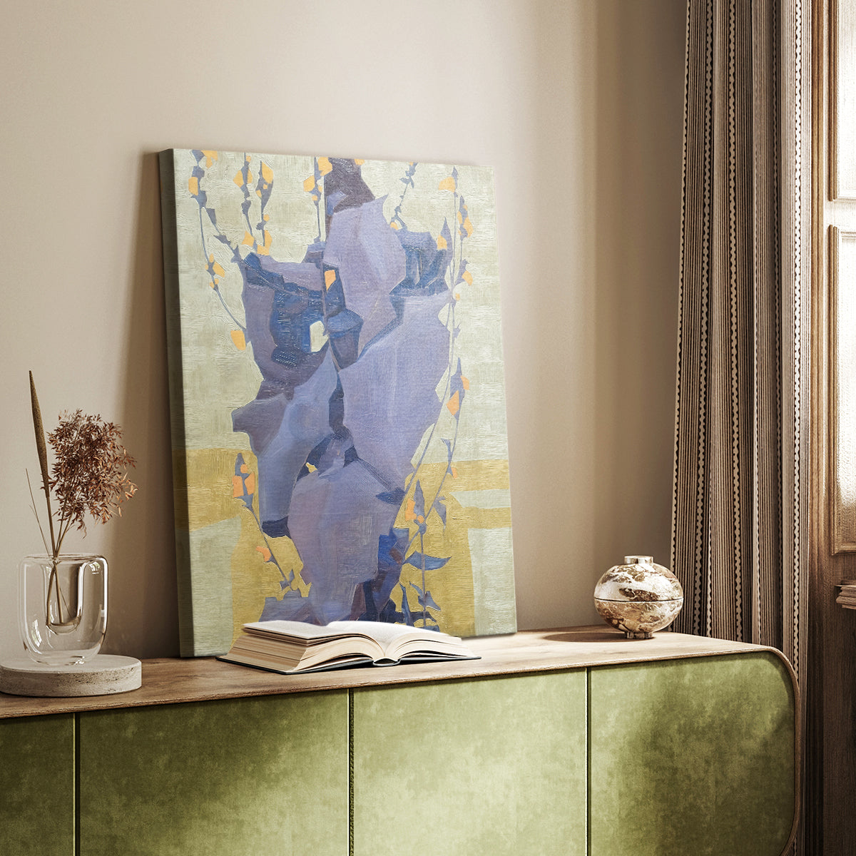 Canvas art print of a stylized arrangement of flowers with flat color and strong outlines styled in a home decor setting.