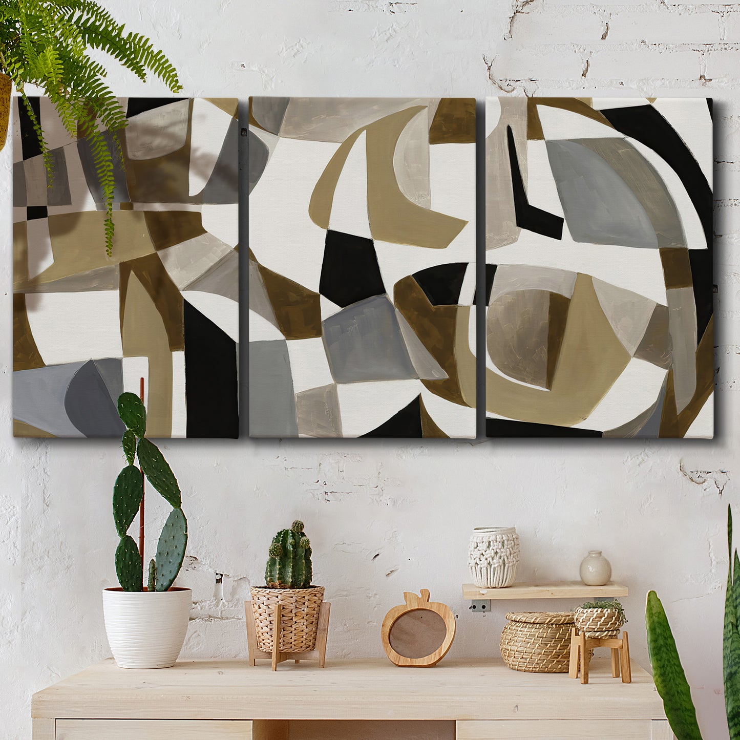 Three-panel canvas wall art featuring overlapping mid century geometric shapes, displayed in a boho-chic entryway above a console table.