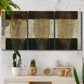 Three-panel canvas wall art featuring textured abstract vessel forms, displayed in a boho-chic entryway above a console table.